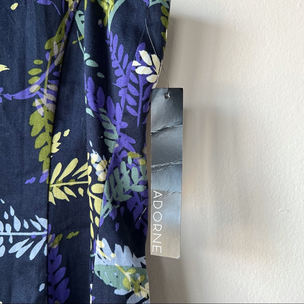 Adorne NWT Navy Fit & Flare Dress Leaf Pattern V Neck Size 8 - Picture 2 of 7